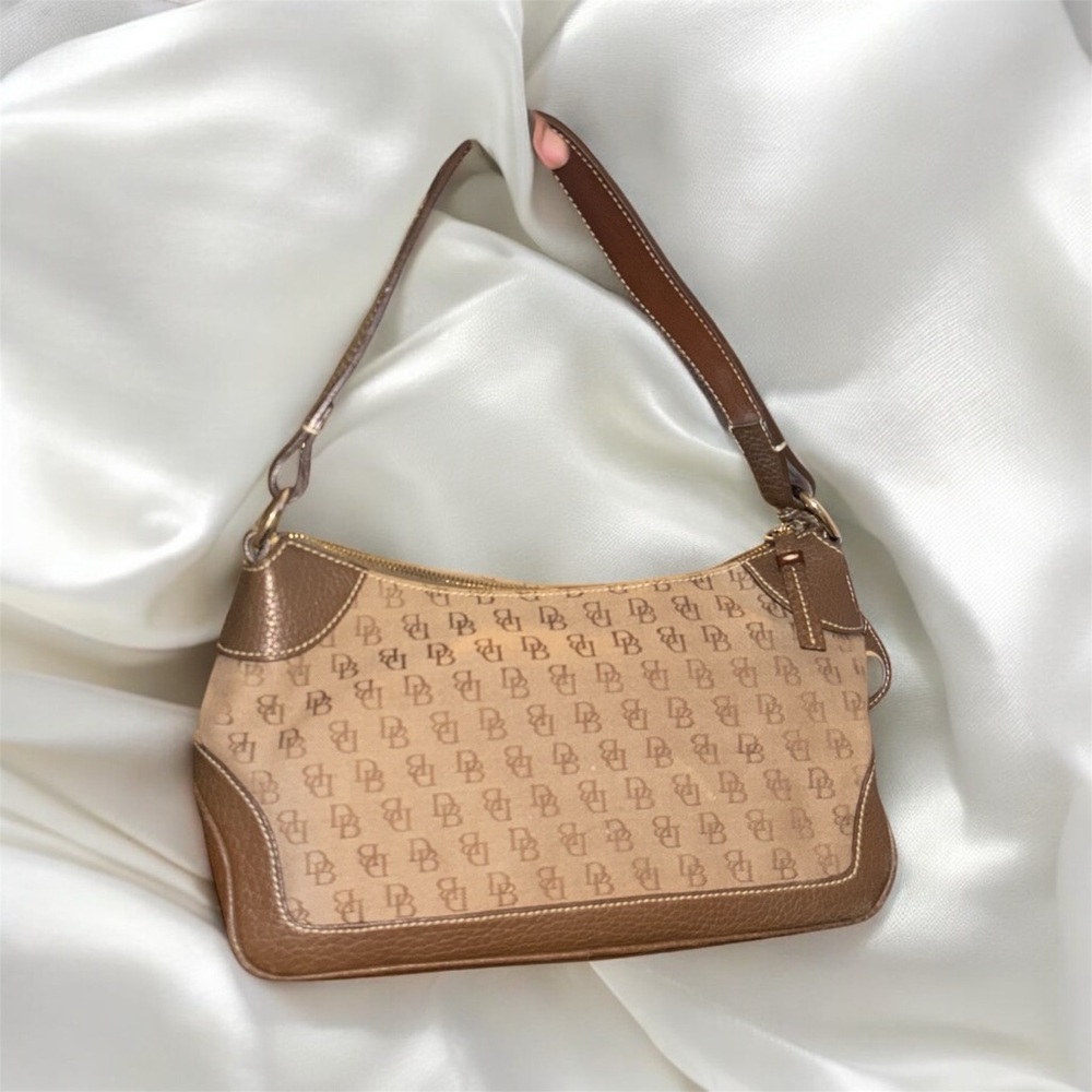 Dooney & Bourke Tan and Brown Shoulder Bag with Monogram Pattern